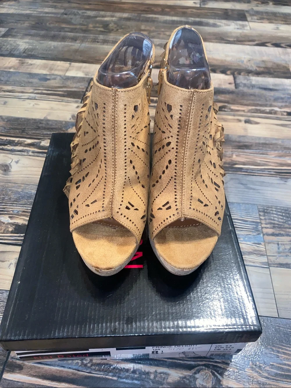 Not Rated Tan Suede Fringe Delight Laser-Cut Cork Wedge Sandals